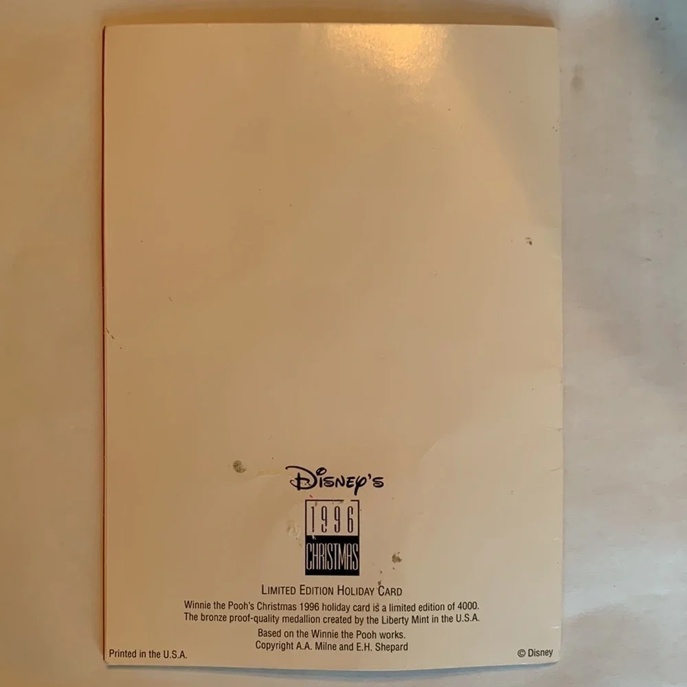 Vintage Disney 96 limited edition Winnie the Pooh holiday card bronze medallion